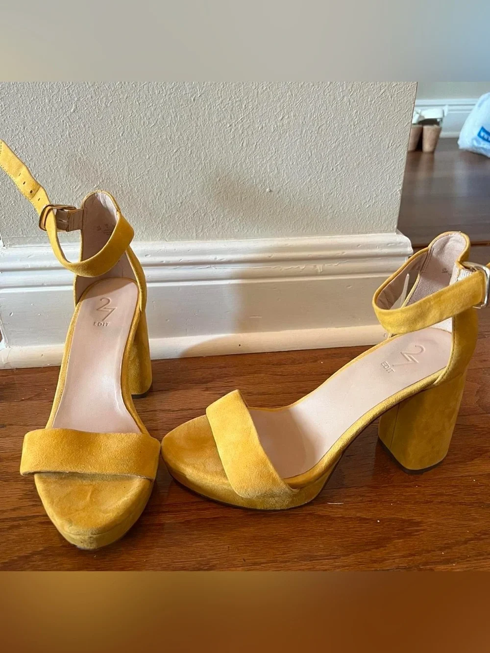 27 EDIT Yellow Suede Platform Block Heel Sandals